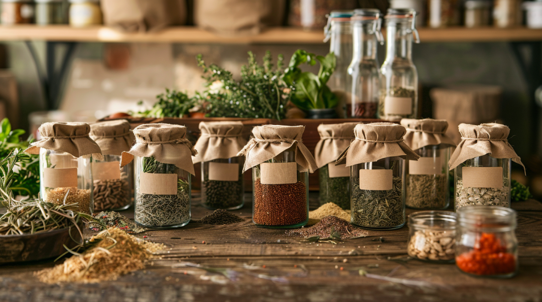 Labeled seed packets and mason jars with vegetable, flower, fruit, and herb seeds stored for next season — Seedschoice.com