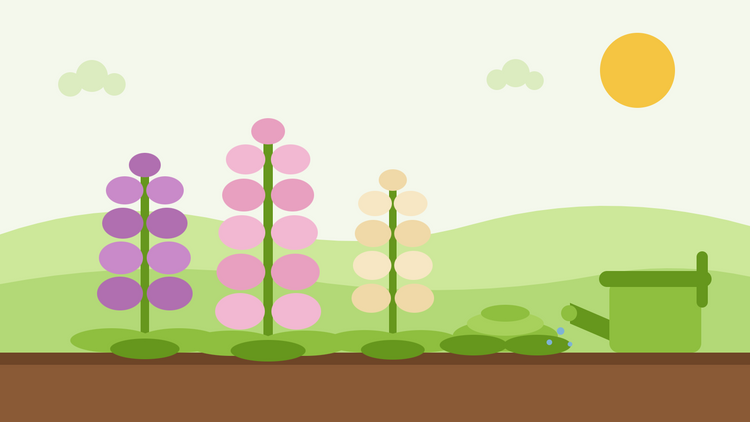 Kura tal-foxglove Dalmatjan — illustrazzjoni sempliċi ta' tliet spiri tal-foxglove b'ħaxix rozetta, burdura bil-miċ u kannestru tat-tisqija
