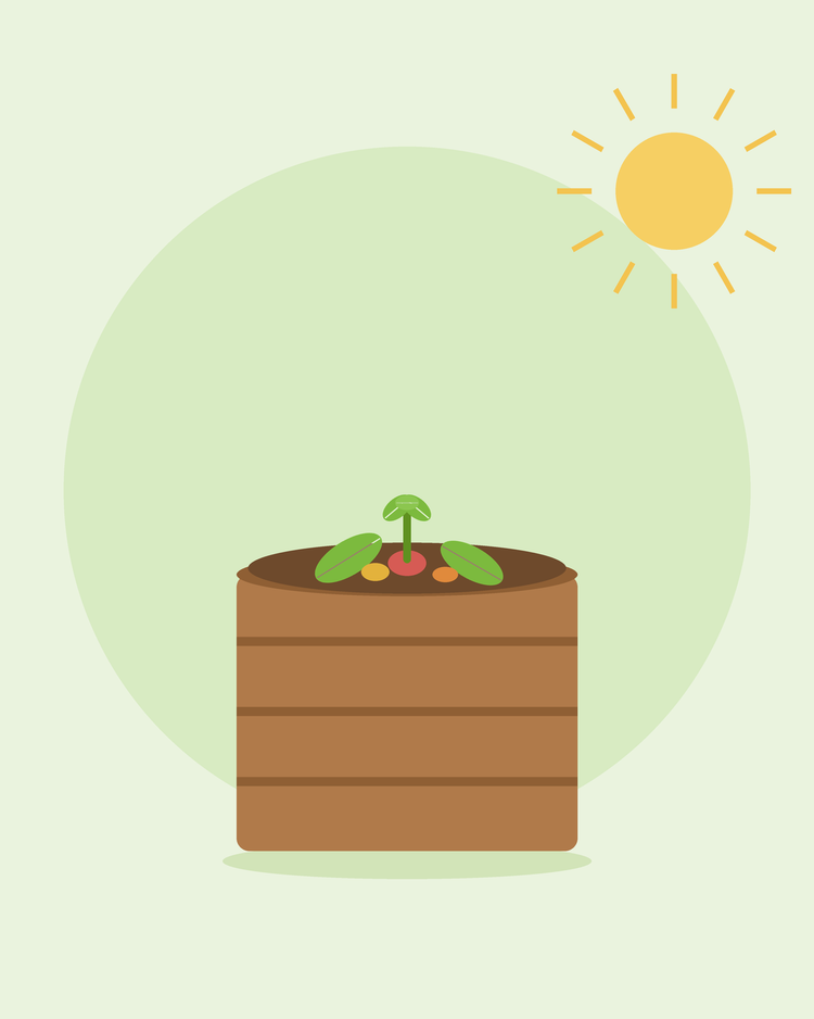 Flat illustration of een wooden compost bin met keuken en tuin scraps — composting voor beginners, van SeedsChoice