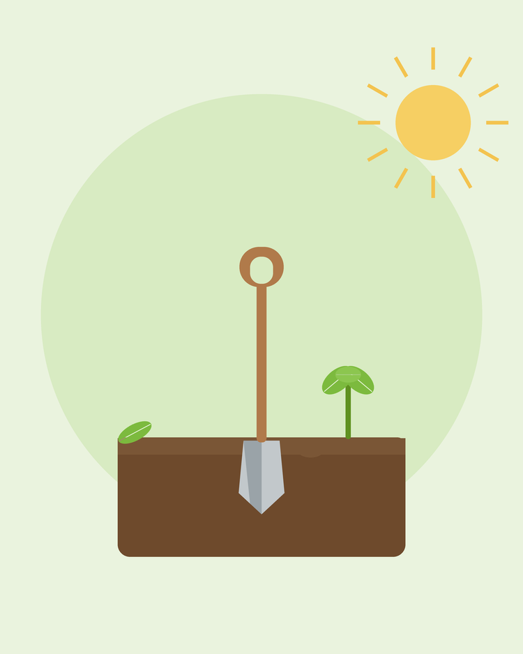 Flat illustration of een spade in voorbereide grond met een seedling — preparing je bodem, van SeedsChoice