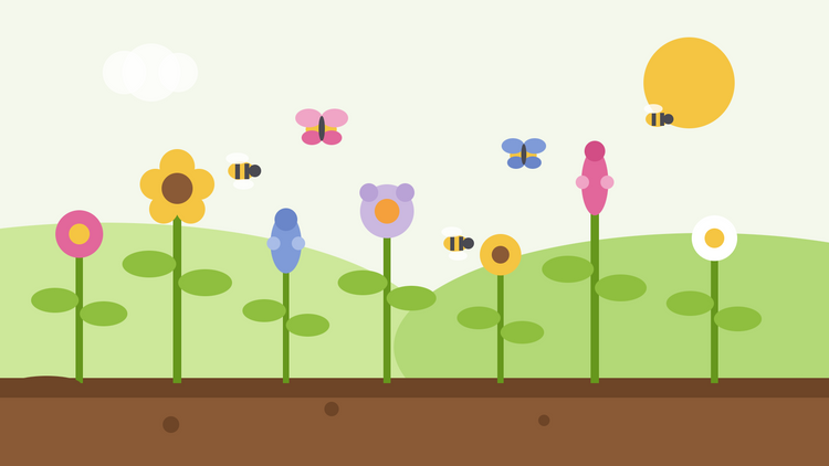 Pollinator garden flowers for bees and butterflies — flat illustration of a mixed border of single-flowered blooms with bees and butterflies feeding